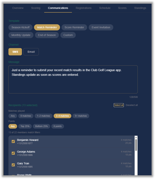 Screenshot placeholder: the announcement composer, showing who will actually receive the message by text and email.