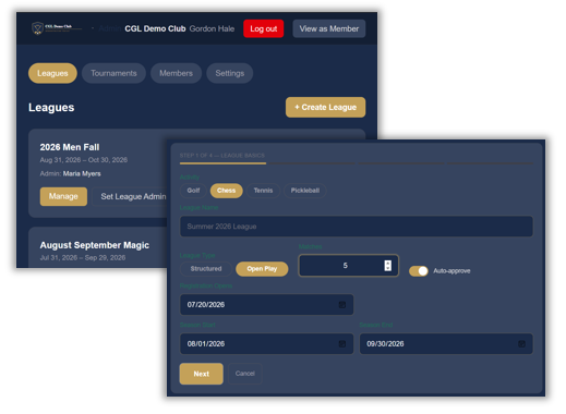 Screenshot placeholder: the create-a-league form — activity, game types, scoring, format, and season dates.