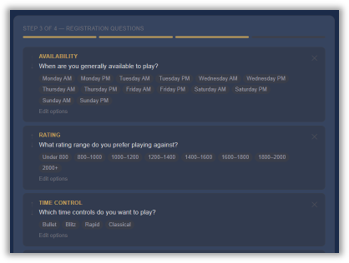 Screenshot placeholder: the registration question builder, with required and optional questions and filter questions for the directory.