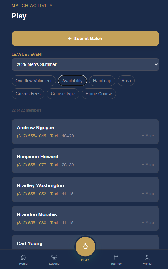 Screenshot placeholder: the Play tab colleague directory, listing filterable opponents by availability and office.