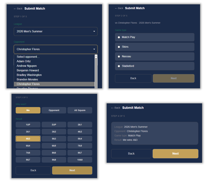 Screenshot placeholder: recording a match result, with a live preview of how it moves the standings before submitting.