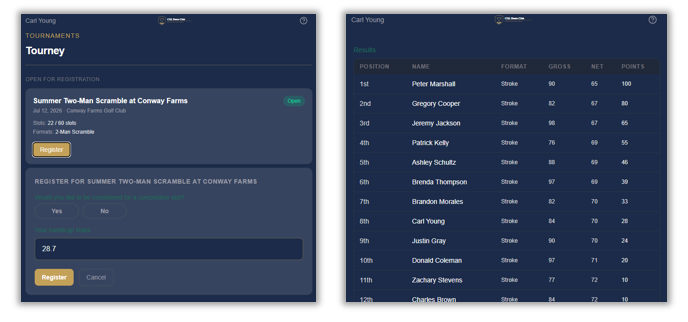 Screenshot placeholder: a tournament bracket and season leaderboard as an event plays out.